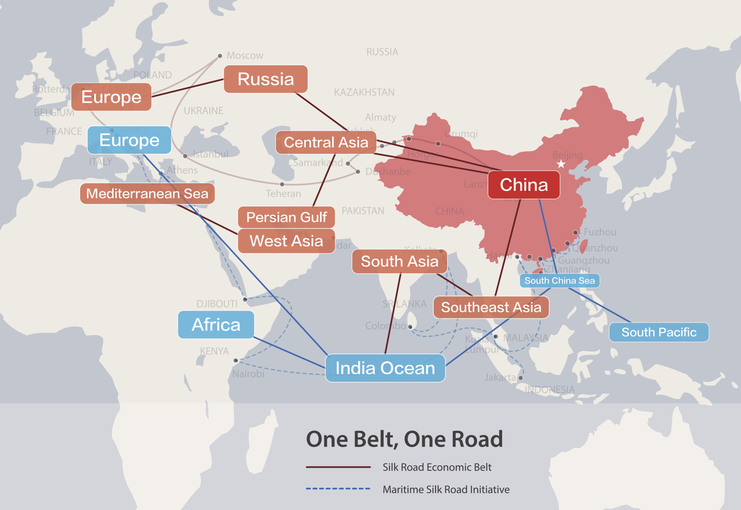 One Belt, One Road, Chinese strategic investment in the 21st century map.