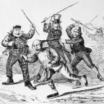 A cartoon from the Canadian Illustrated News depicting a Chinese worker being beaten by Uncle Sam and two other men_