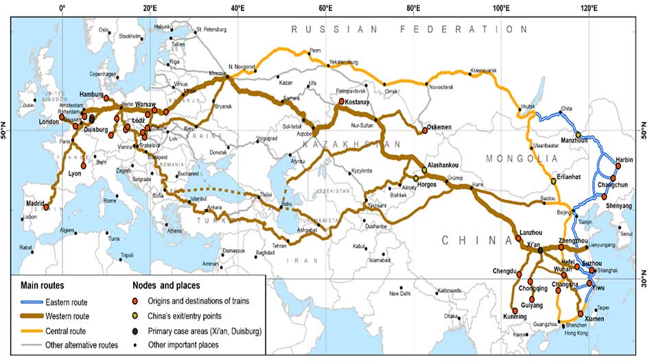 The main China Europe freight train routes 
