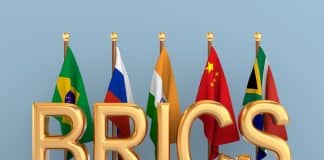 South Africa Walks a Tightrope of International Alliances – It Needs Russia, China and the West Set flags BRICS in room. 3D illustration