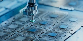 Demand for Computer Chips Fuelled by AI Could Reshape Global Politics and Security Close-up of Silicon Die are being Extracted from Semiconductor Wafer and Attached to Substrate by Pick and Place Machine. Computer Chip Manufacturing at Fab. Semiconductor Packaging Process.