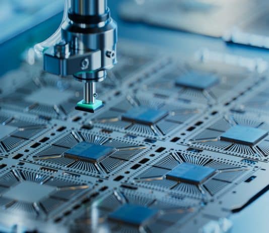 Demand for Computer Chips Fuelled by AI Could Reshape Global Politics and Security Close-up of Silicon Die are being Extracted from Semiconductor Wafer and Attached to Substrate by Pick and Place Machine. Computer Chip Manufacturing at Fab. Semiconductor Packaging Process.