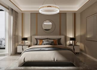 Tiger Downtown Ajman: Fully Furnished Homes, Flexible Payment Plans, and a Lifestyle by the Water 3d render of luxury hotel room bedroom