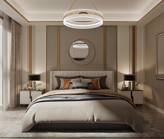 Tiger Downtown Ajman: Fully Furnished Homes, Flexible Payment Plans, and a Lifestyle by the Water 3d render of luxury hotel room bedroom