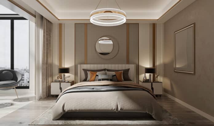 3d render of luxury hotel room bedroom